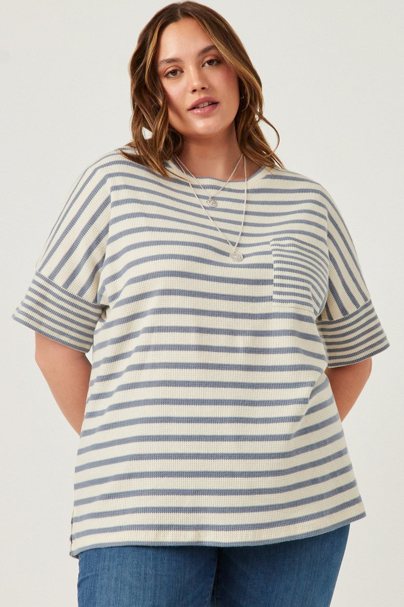 PLUS Waffle Knit Striped Oversized Tee - Denim