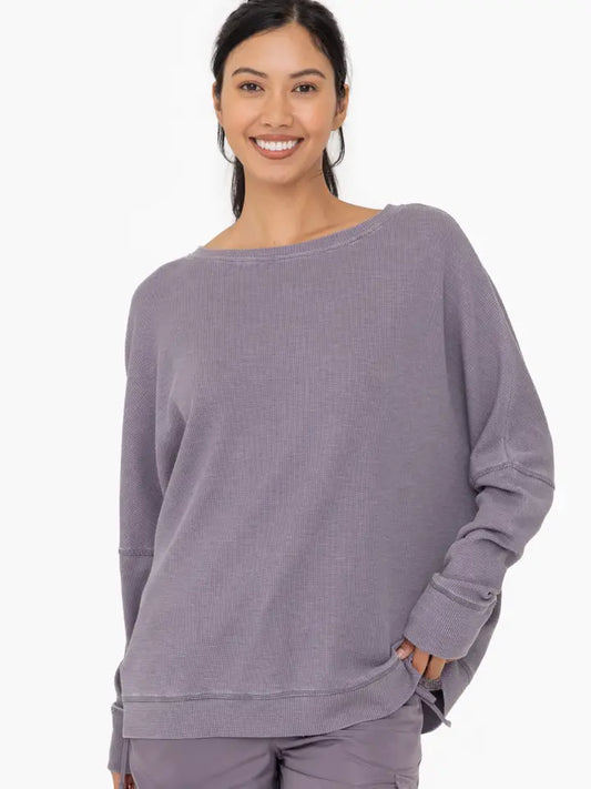 Waffle Ribbed Pullover - Purple Gray