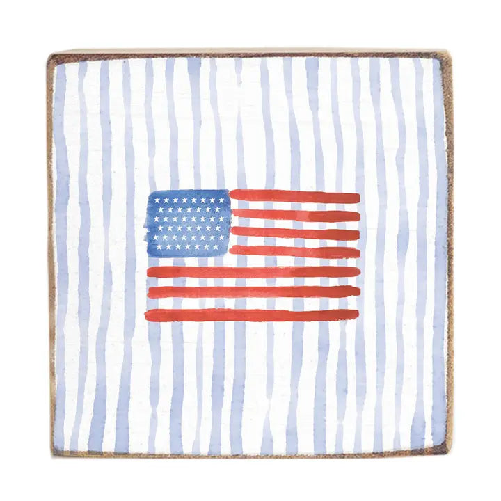 Watercolor American Flag Wood Decor Block