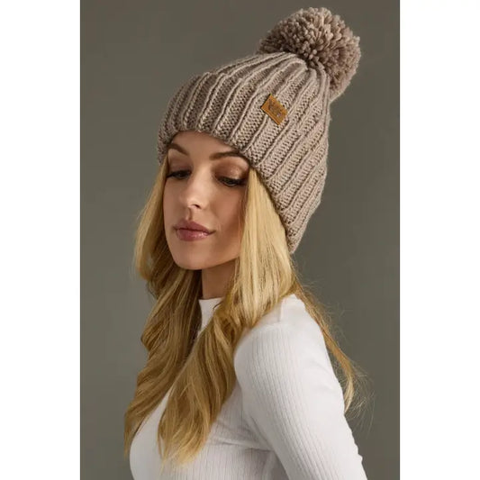 Cuffed Knit Pom Hat - Taupe